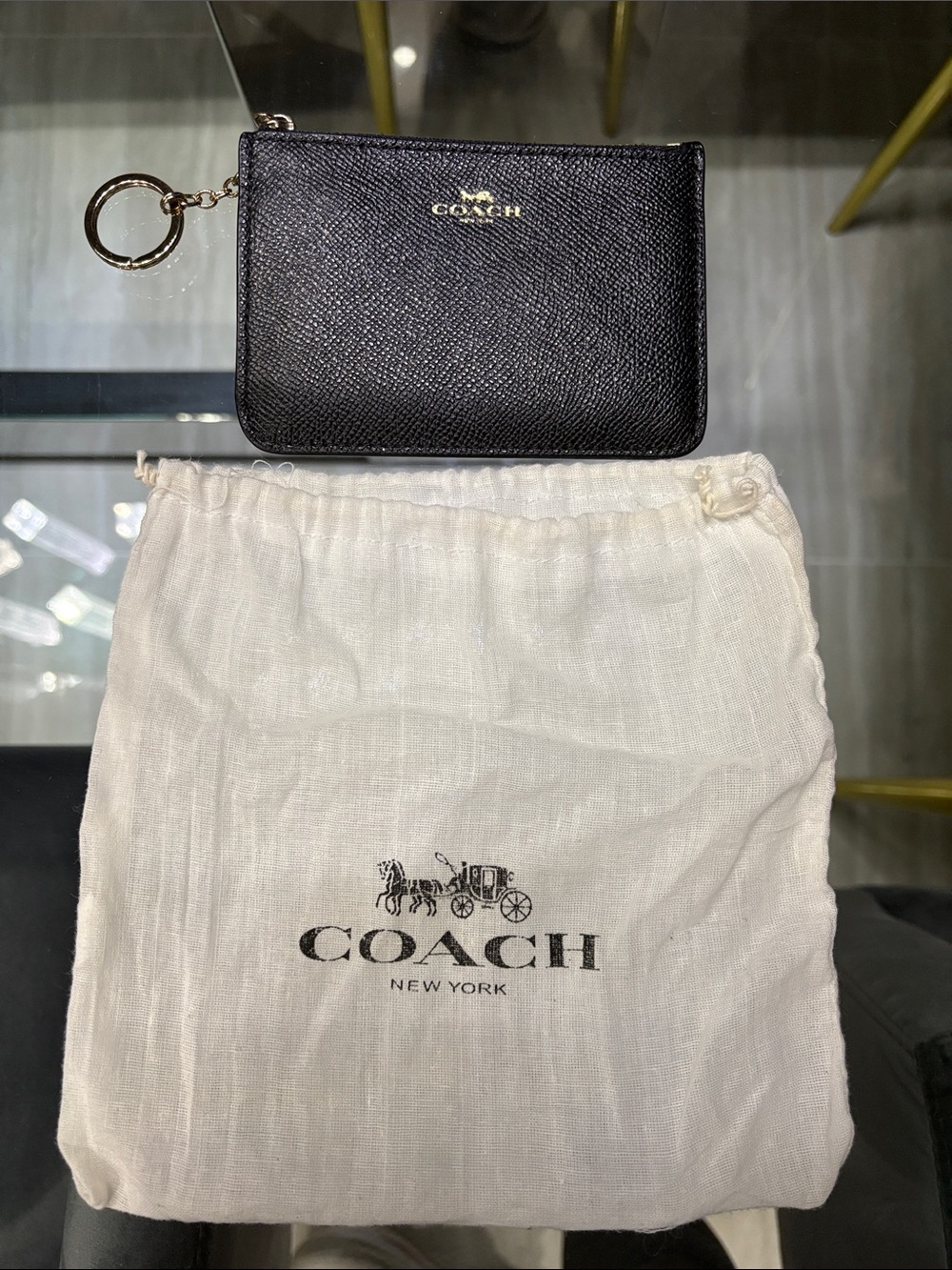 Coach Black Saffiano Leather Zip Card Case with Gold Keyring
